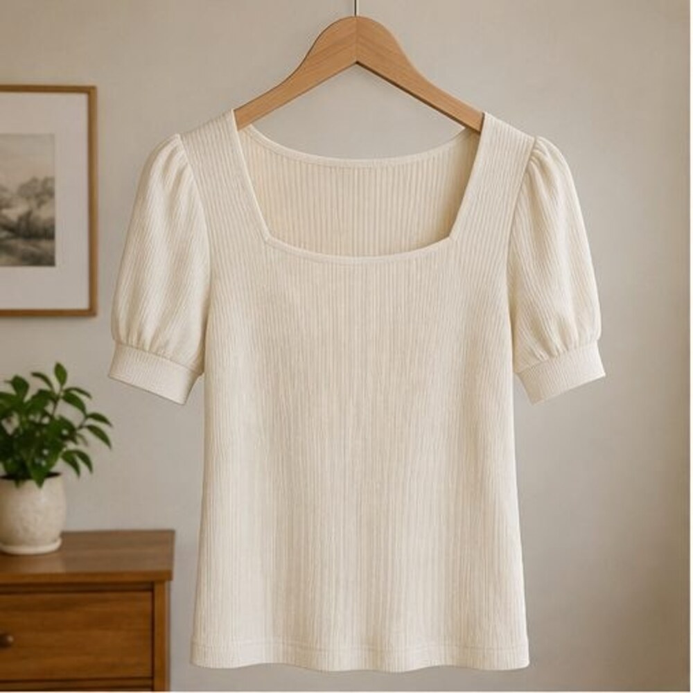 Cream Ribbed Square Neck Top